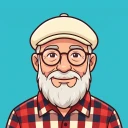 Illustrated angler with a white beard, round glasses, flat cap and checked shirt