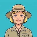 Illustrated angler with freckles and a wide-brimmed sun hat