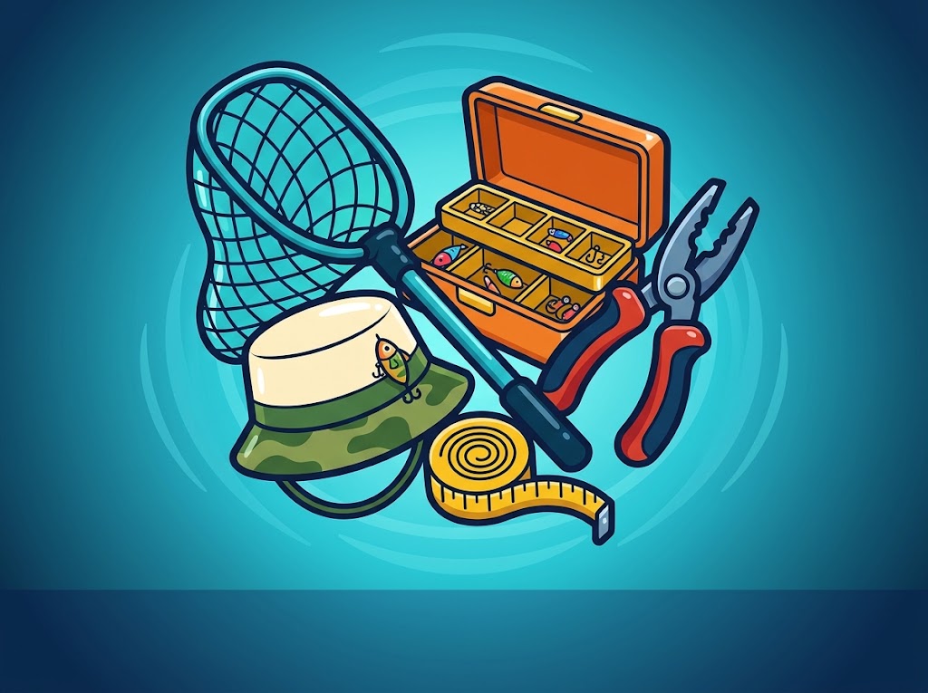 Landing net, tackle box, pliers, bucket hat and measuring tape