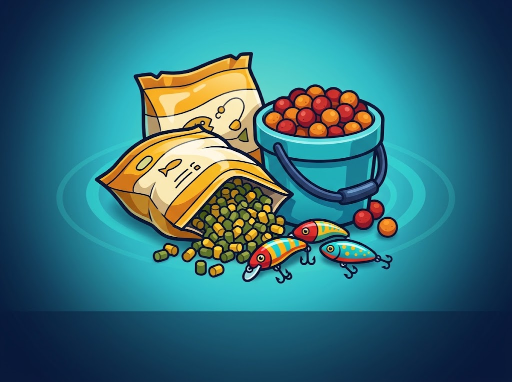 Groundbait bags, a bucket of boilies and a few small lures
