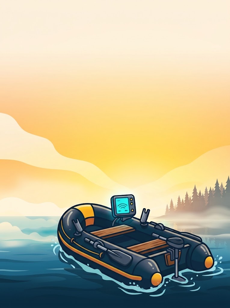 Inflatable fishing boat with an echo sounder on a calm lake at sunrise