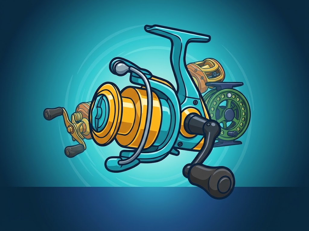Gold and teal spinning reel with a folding handle