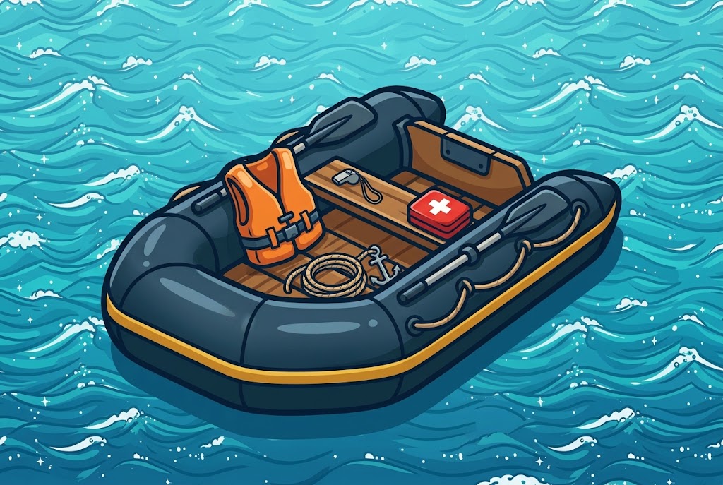 Inflatable boat carrying a life jacket, a first-aid kit, rope and oars