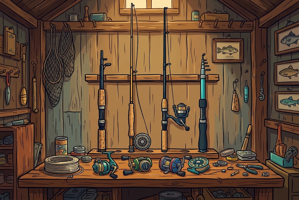Rods and reels hanging on the wall of a wooden tackle shed