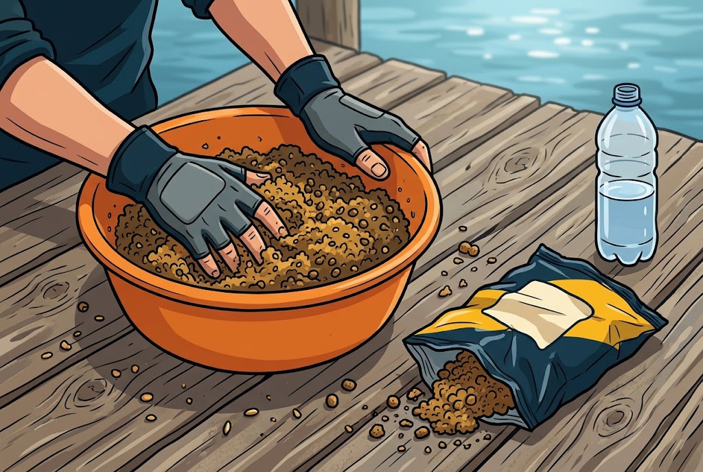 Gloved hands mixing groundbait in an orange bowl on a wooden jetty