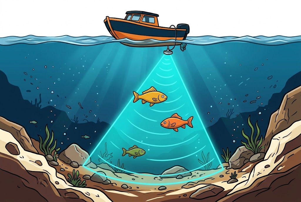 Boat on the surface with a sonar cone reaching down to fish and the lake bed