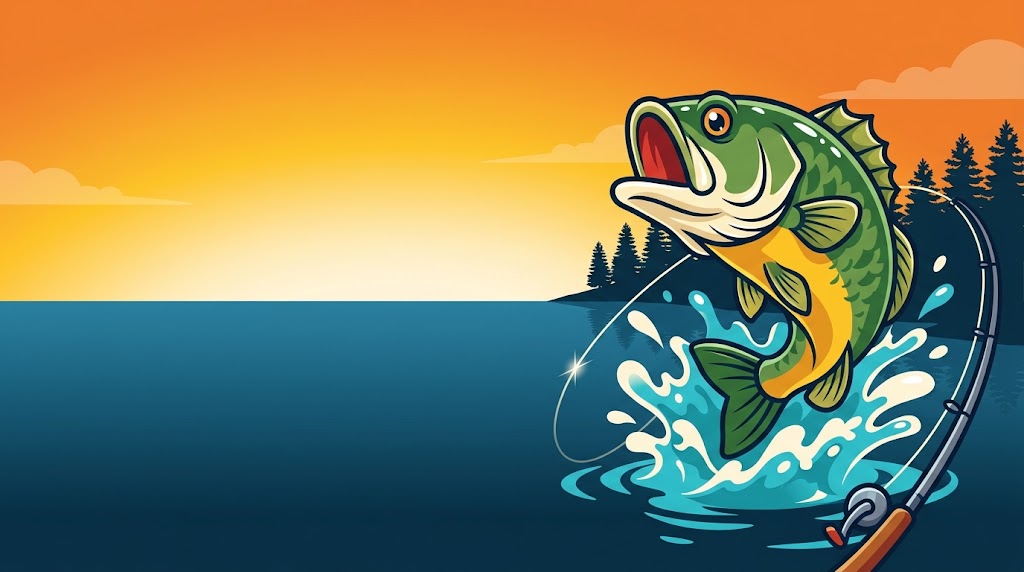 Largemouth bass leaping out of a lake at sunset beside a bent fishing rod