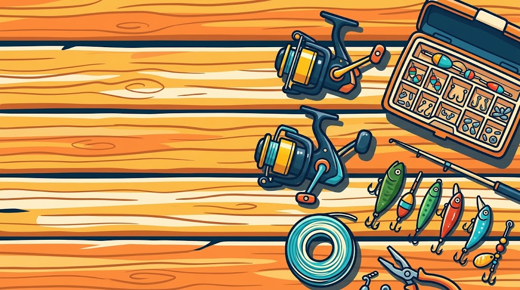 Spinning reels, lures, braided line and an open tackle box on a wooden jetty