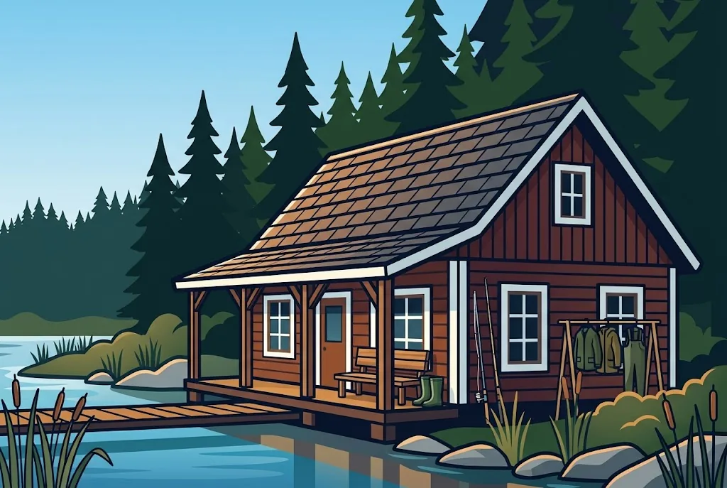 Artist’s impression of the lodge from the side: red board walls, a porch with a bench and boots, rods leaning by the door and a rack of drying jackets and waders beside a short jetty