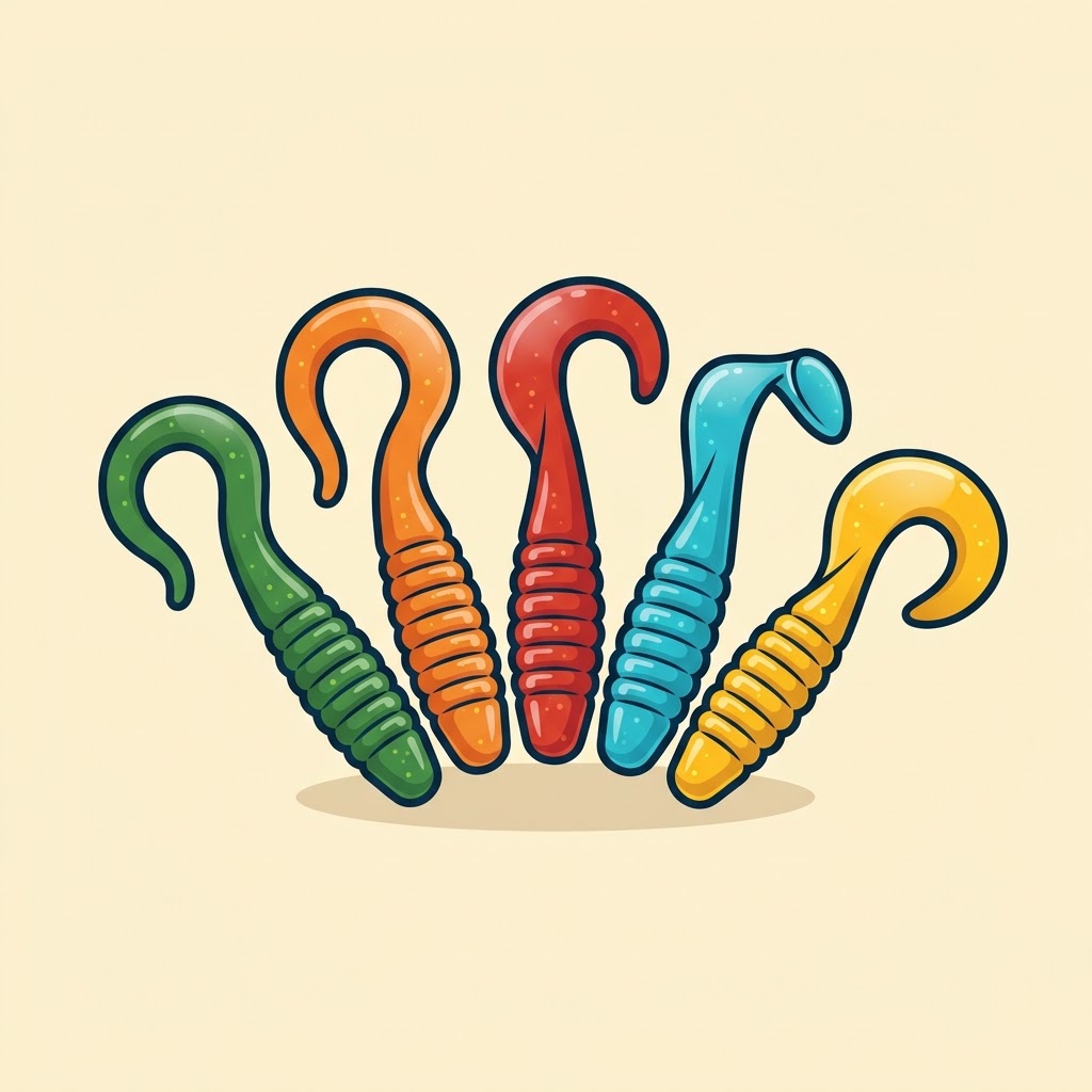 Set of soft plastic curly-tail lures in assorted colours