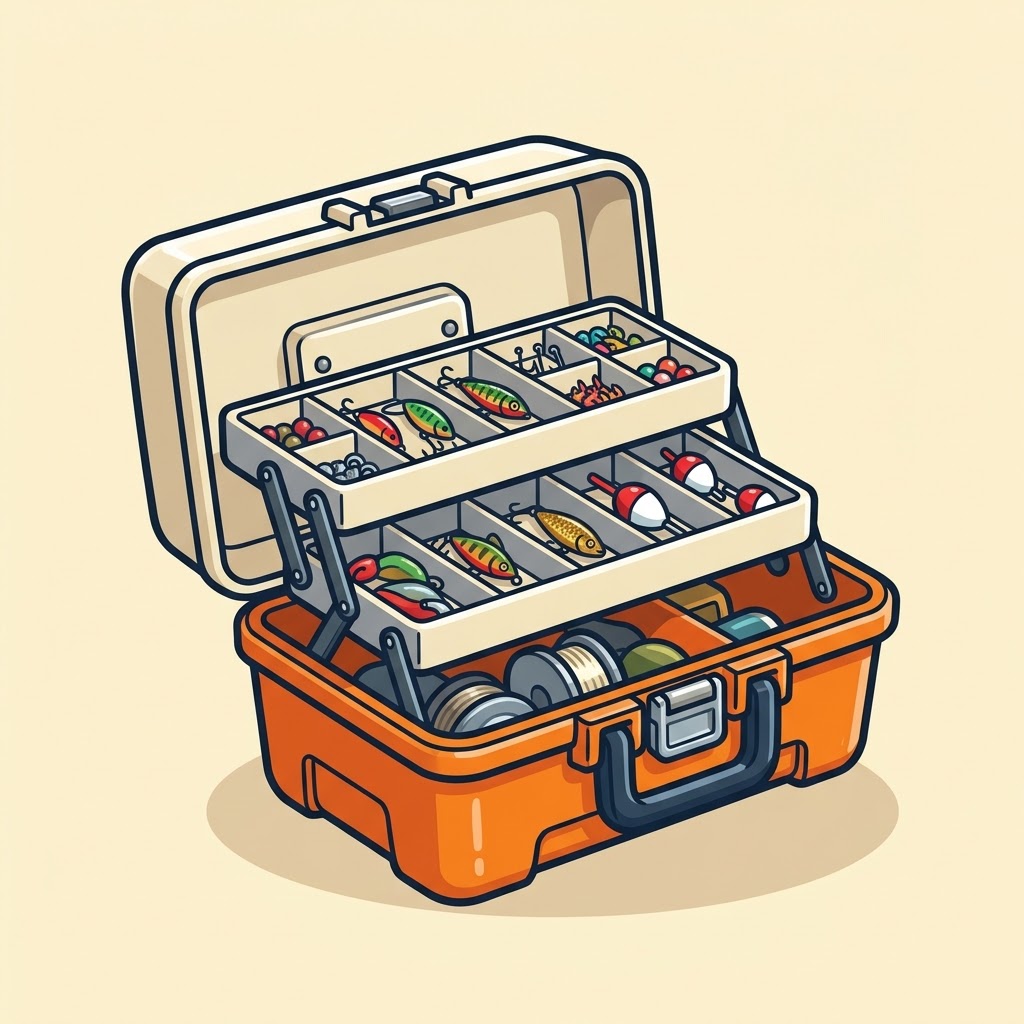 Open tackle box with trays full of lures